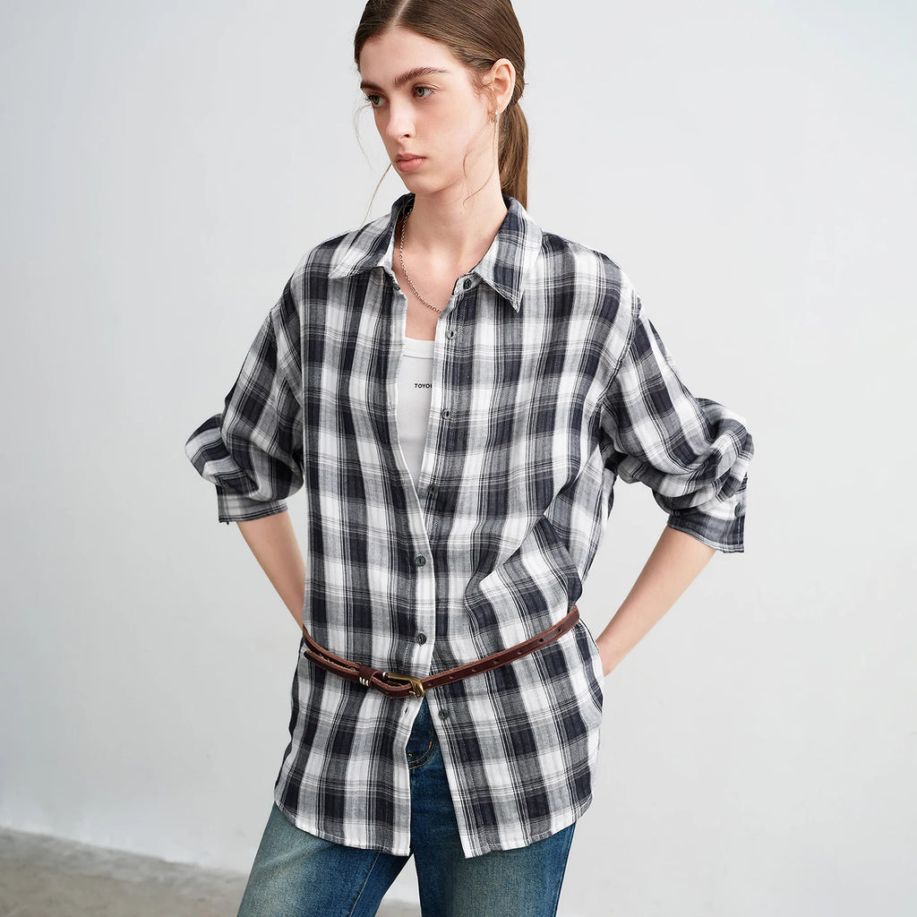 TOYOUTH Women Cotton Shirts 2026 Spring New Retro Plaid Hong Kong