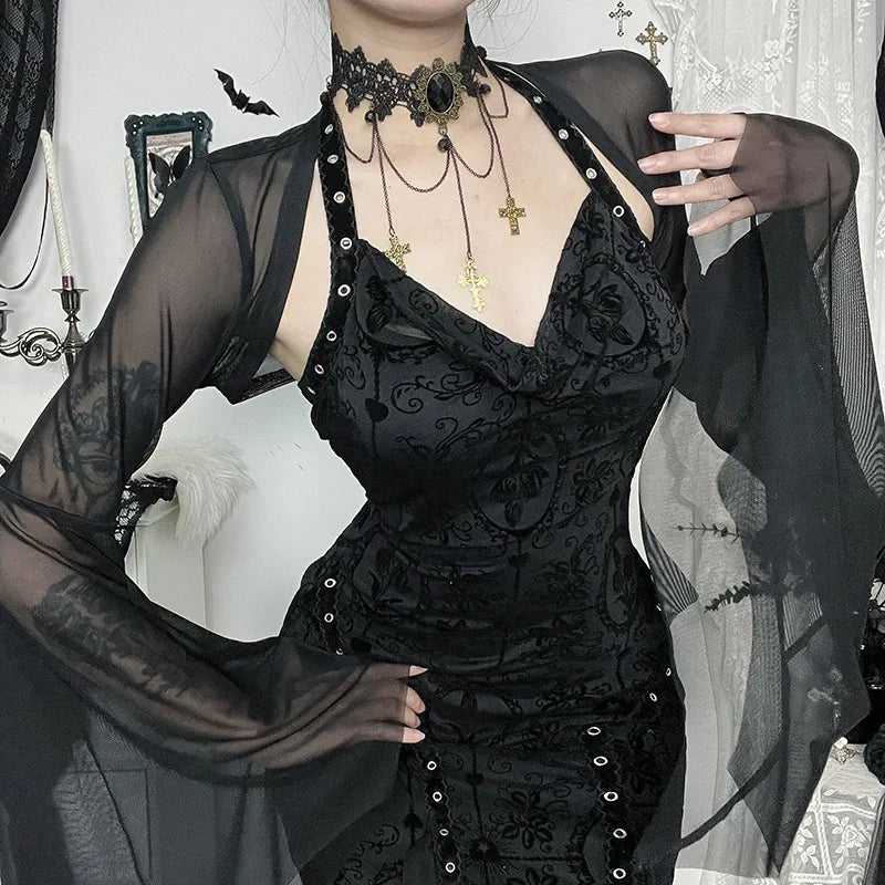 Goth Dark Mall Gothic Mesh See Through Crop Shrug Tops Women Chic Coat