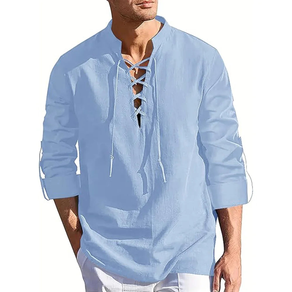 Mens Long Sleeve Pirate Henley Collar Shirts Drawstring Cotton Linen