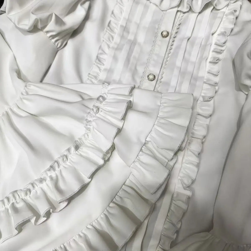2025 Japanese Lolita Blouse White - Cute Puff Sleeve Shirt with Lace