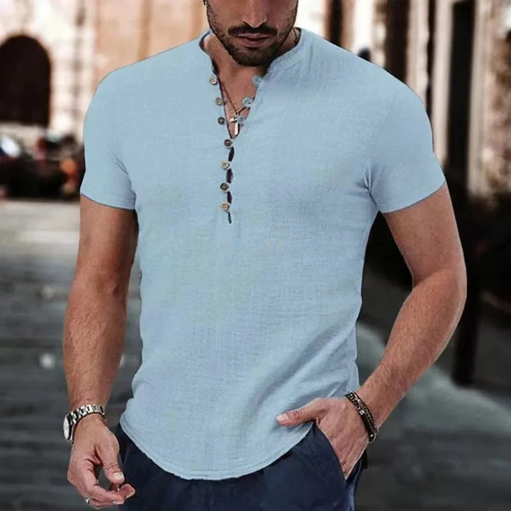 New Men's Short Sleeve T-shirt for Men Button Cotton Linen Shirt Men's