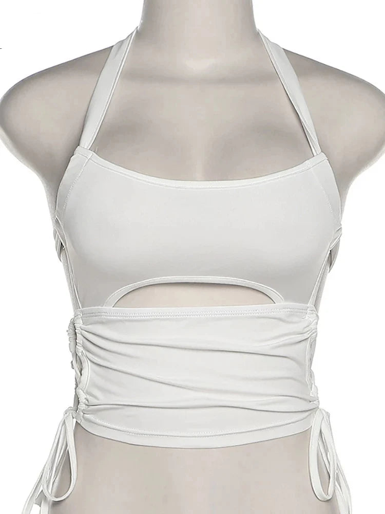 Y2K Sexy Backless Summer Crop Top Women Hollow Out 2025 White