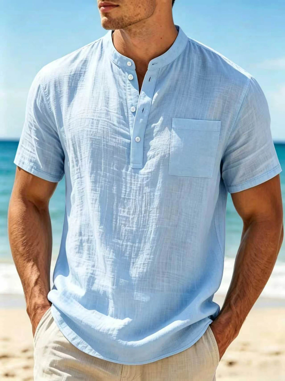 Men's Mandarin Collar Cotton Linen Short Sleeve Shirt, Breathable
