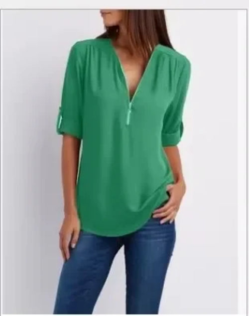 2024 Hot Sale Women Cool Loose Shirt Deep V Neck Chiffon Fashion