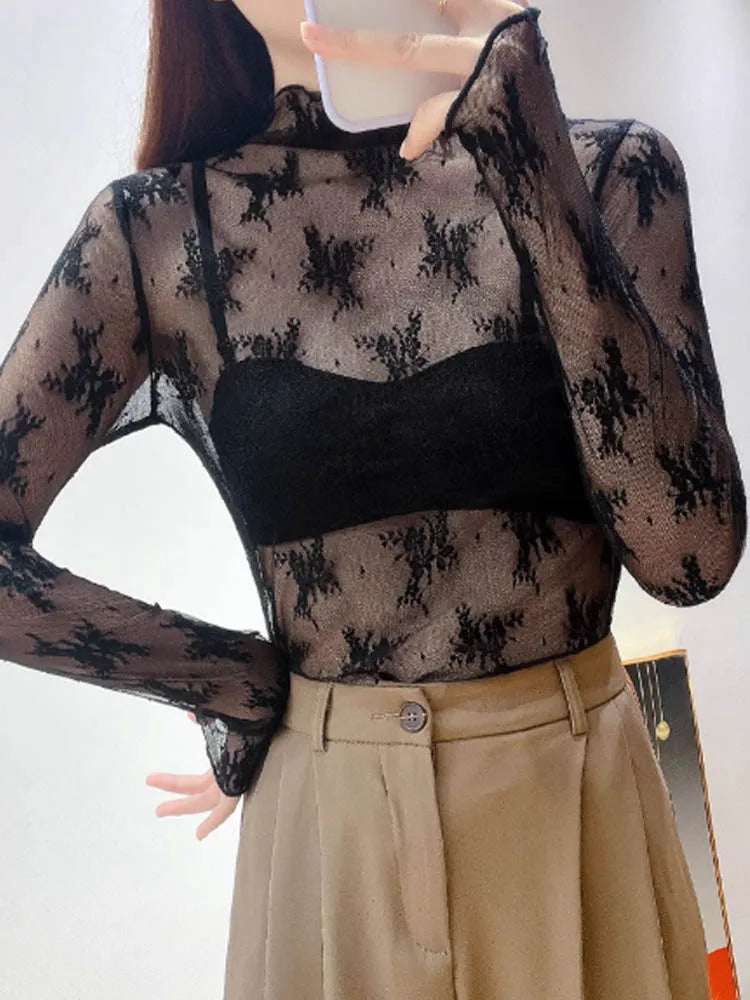 High neck lace inner top for women's autumn and winter new style,