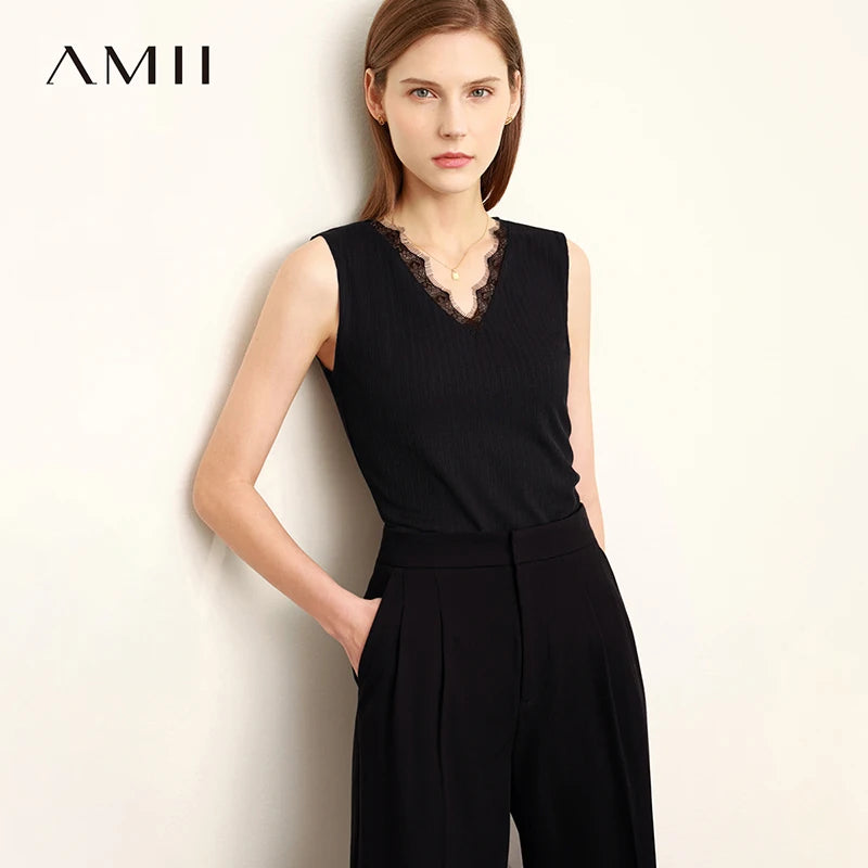 Amii Women's Tank Top 2026 Summer New Lace Trim V-Neck Knit Sleeveless