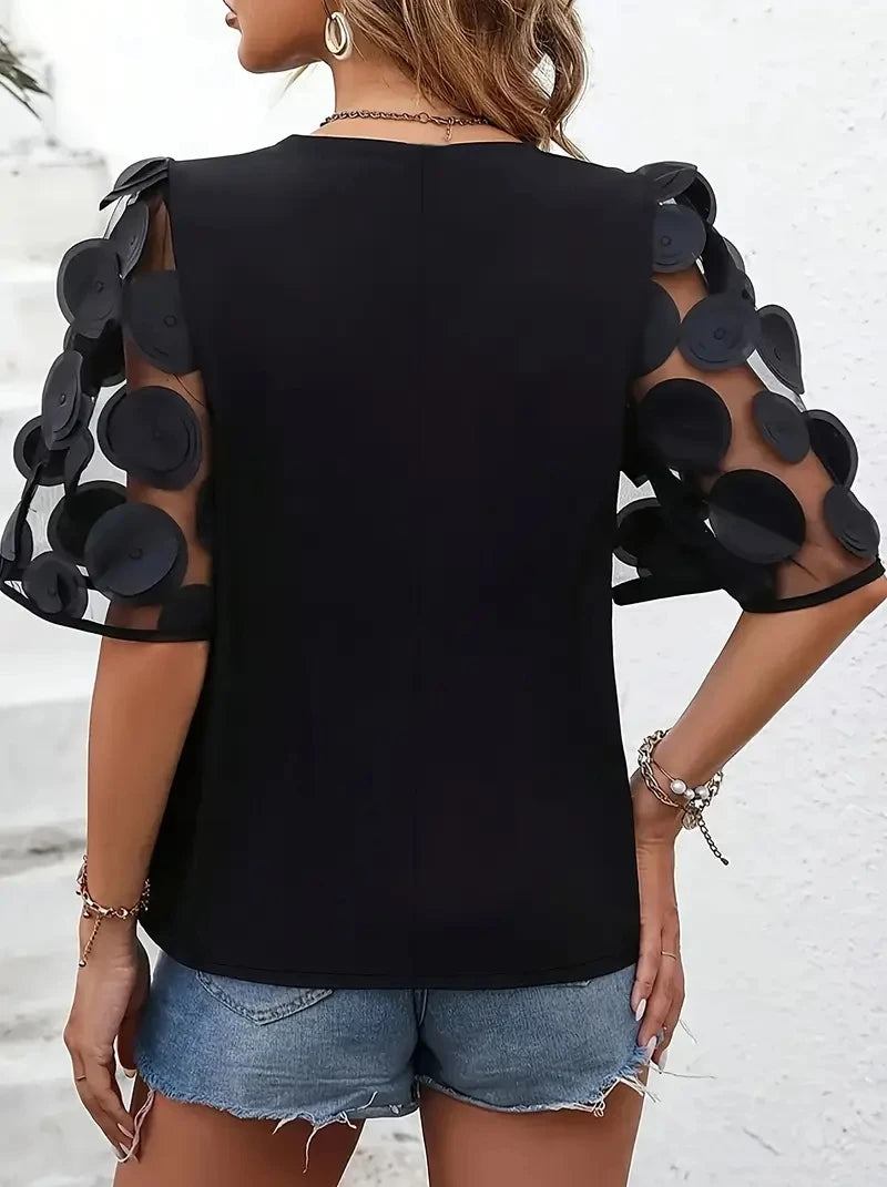 Women V Neck Blouse With Sheer Puff Sleeves And 3D Circle Appliques