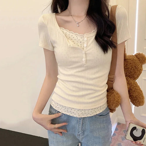 Women Soft Floral Lace Summer Blouse Lady Sweet Button Slim Fit 2024