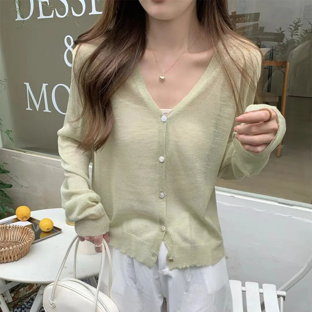 Button Down Knitted Cardigan for Women Long Sleeve V-neck Lightweight