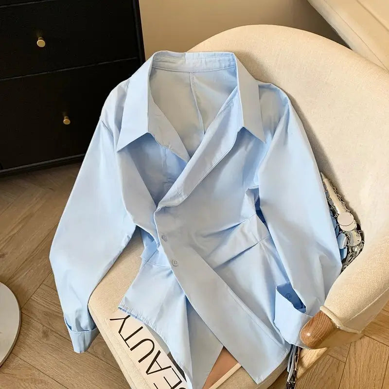 Designer Irregular Long sleeve Polo Shirt Women Tunic White Elegant