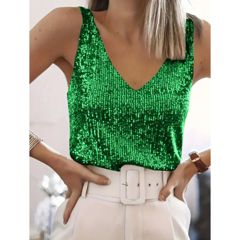 Women Sequin V Neck Tank Top Sleeveless Sparkly Camisole Slim Fit