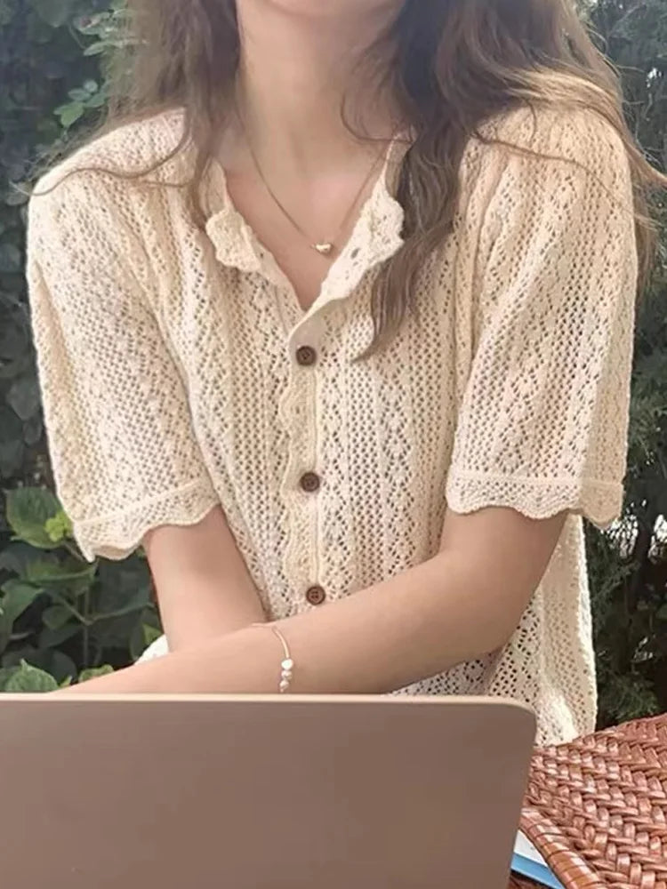 New Fashion Knitted Short Sleeve Women Shirts Summer Casual Loose