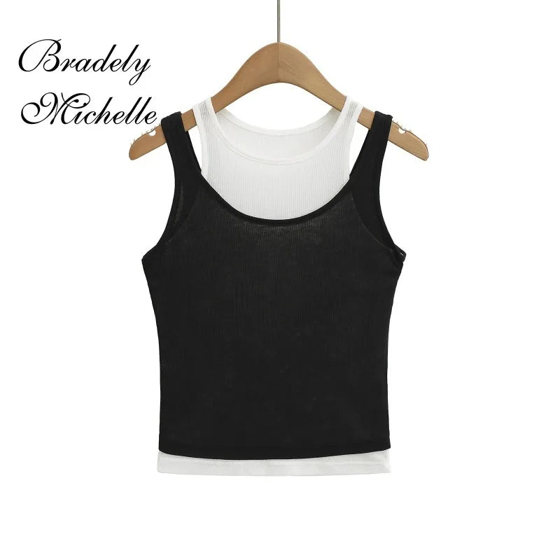 Stacked Double-layer Round Neck Women Sleeveless Cropped Tank Crop