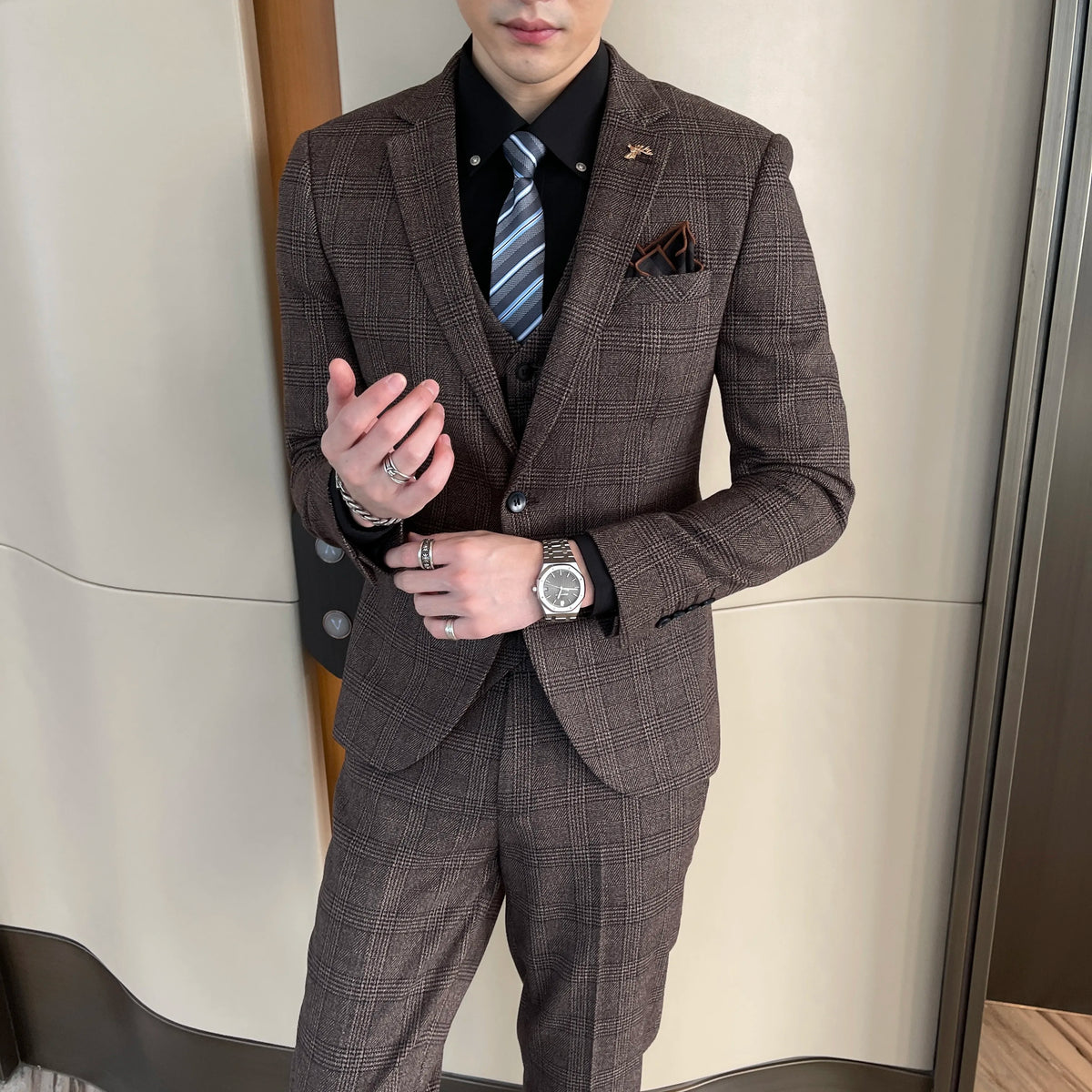 British Korean Style High Quality Modified Plaid Three-Piece Suit for