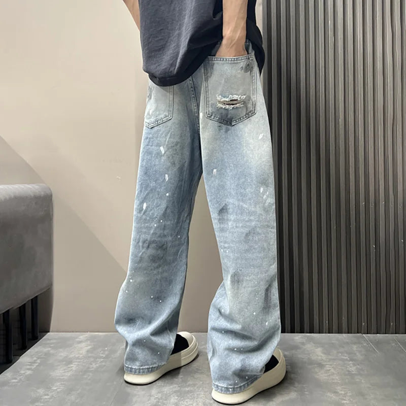 Korean Men'S Splashed Ink Jeans Casual Loose High Street Summer Ripped