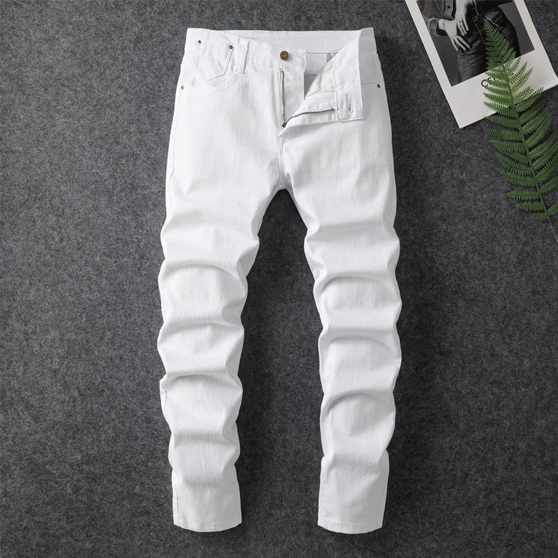 Four season men's fashionable white casual stretch straight leg jeans