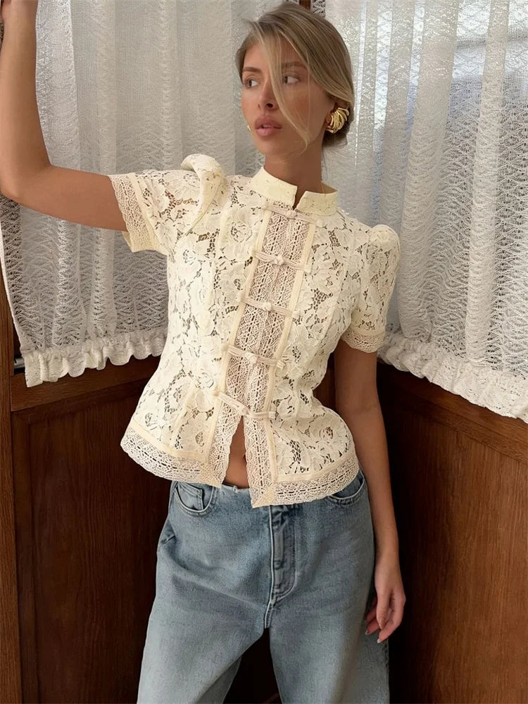 Tossy Fashion Hollow Out Lace Shirts Cardigan Women's Short Sleeve