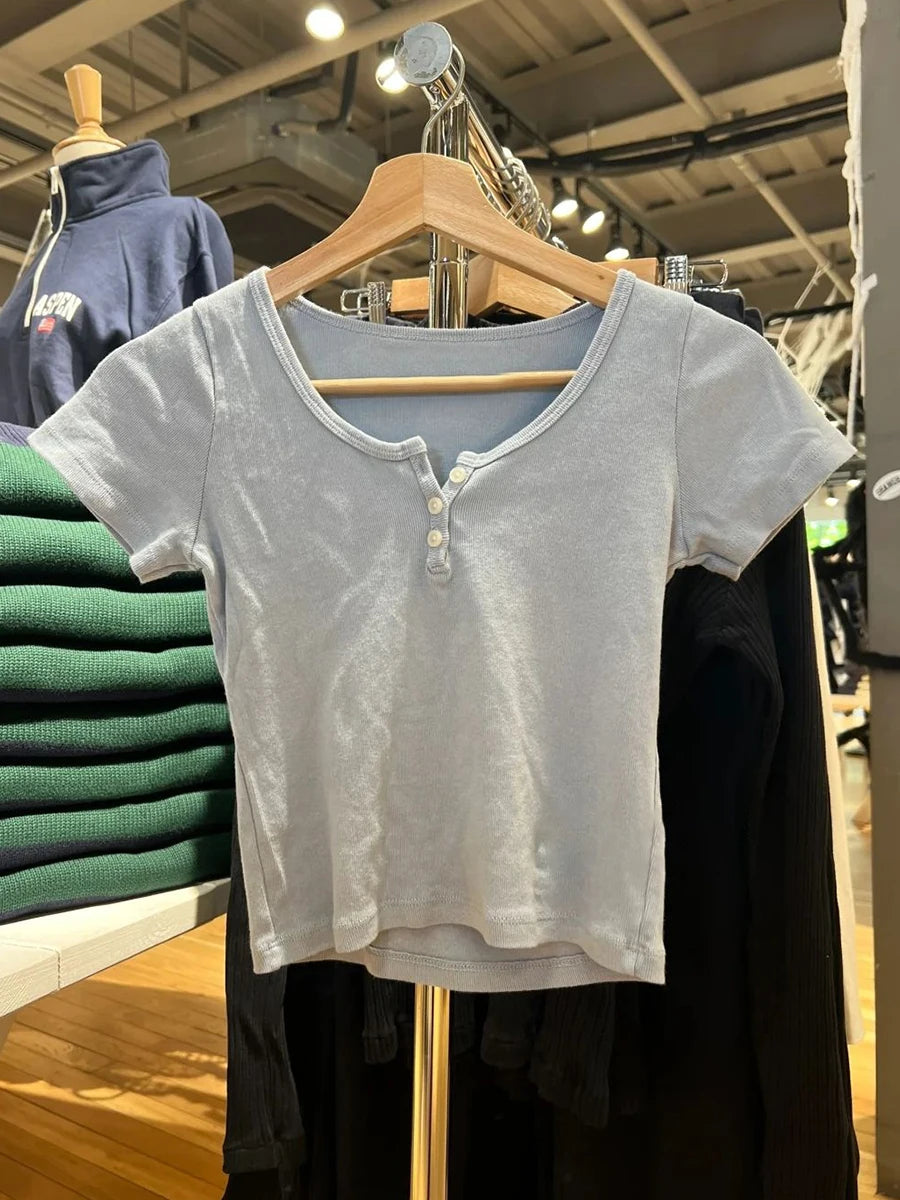 New Blue Three Buttons Slim Crop Top Summer O-neck Cotton Short Sleeve