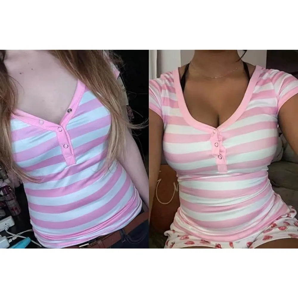 American Retro Hottie T-shirts Pink Striped V-neck Short-sleeved Tees