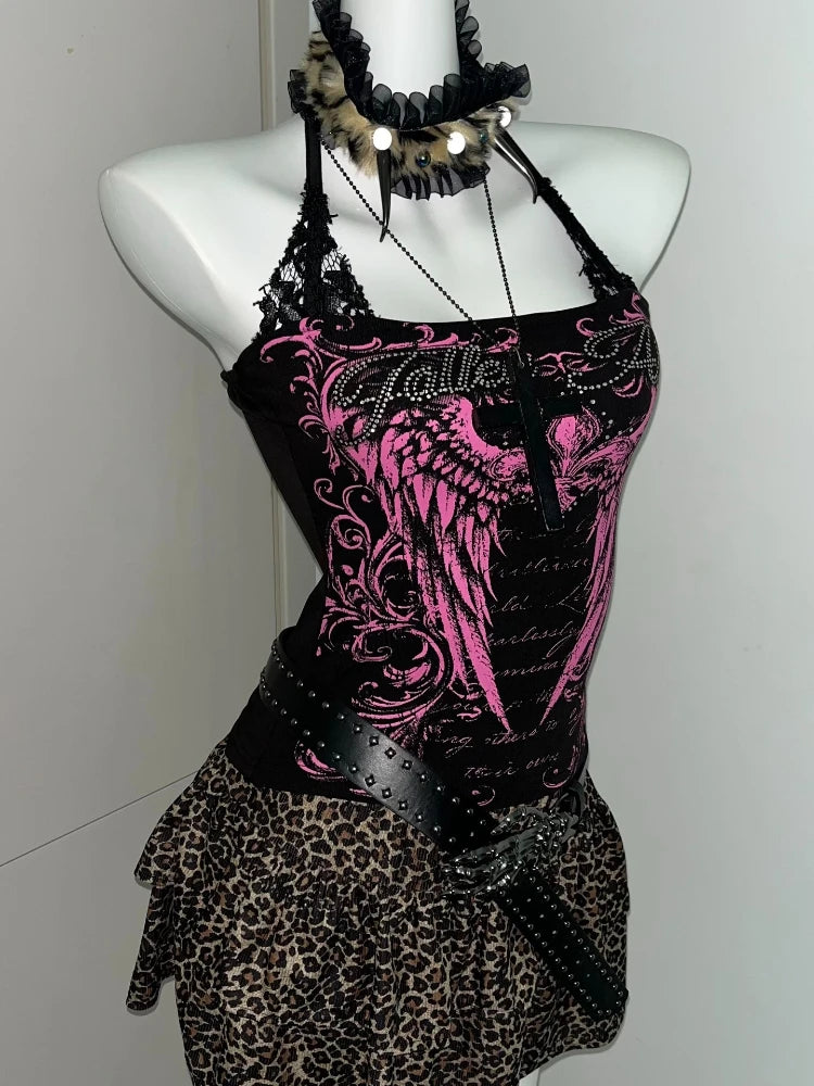 Cool Gothic Punk Halter Tops For Women Y2K Vintage Printed Sleeveless