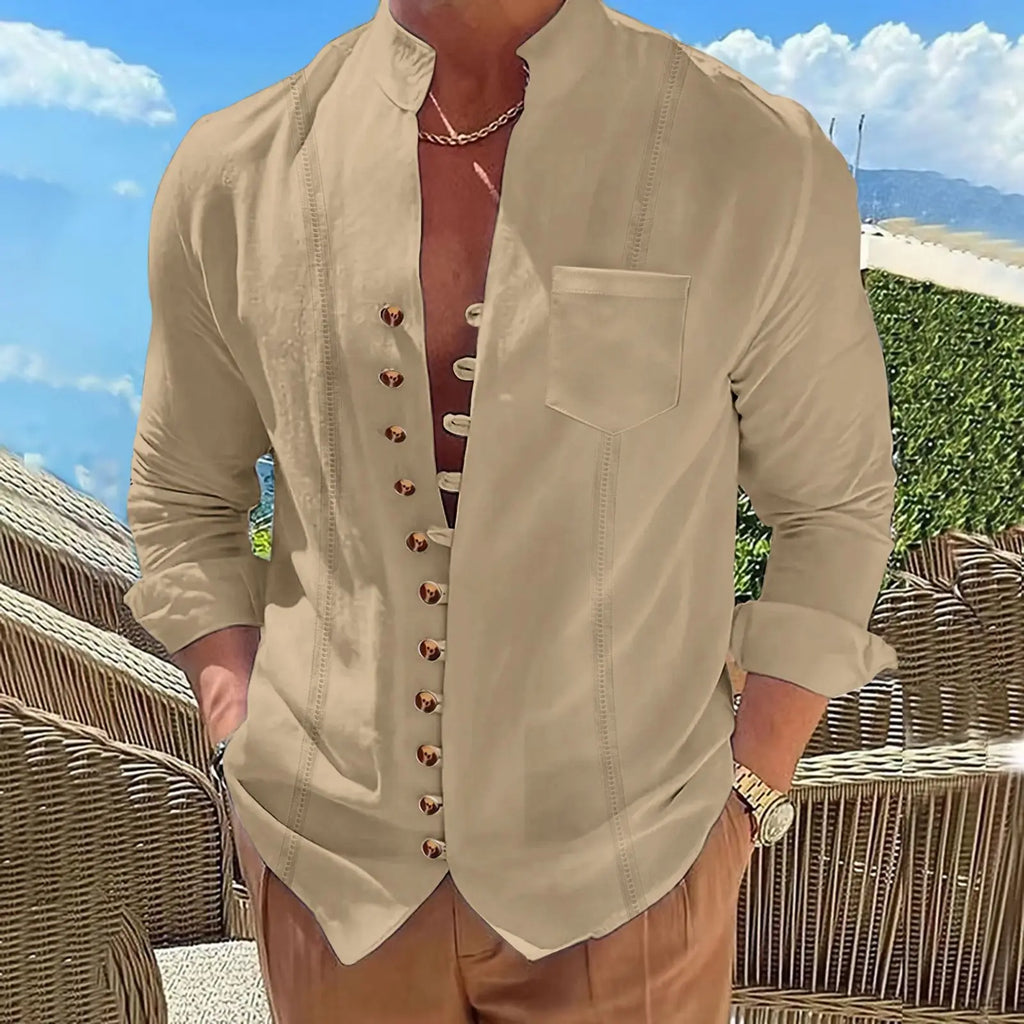 2024 Men's new vintage stand collar cotton linen pocket long sleeve