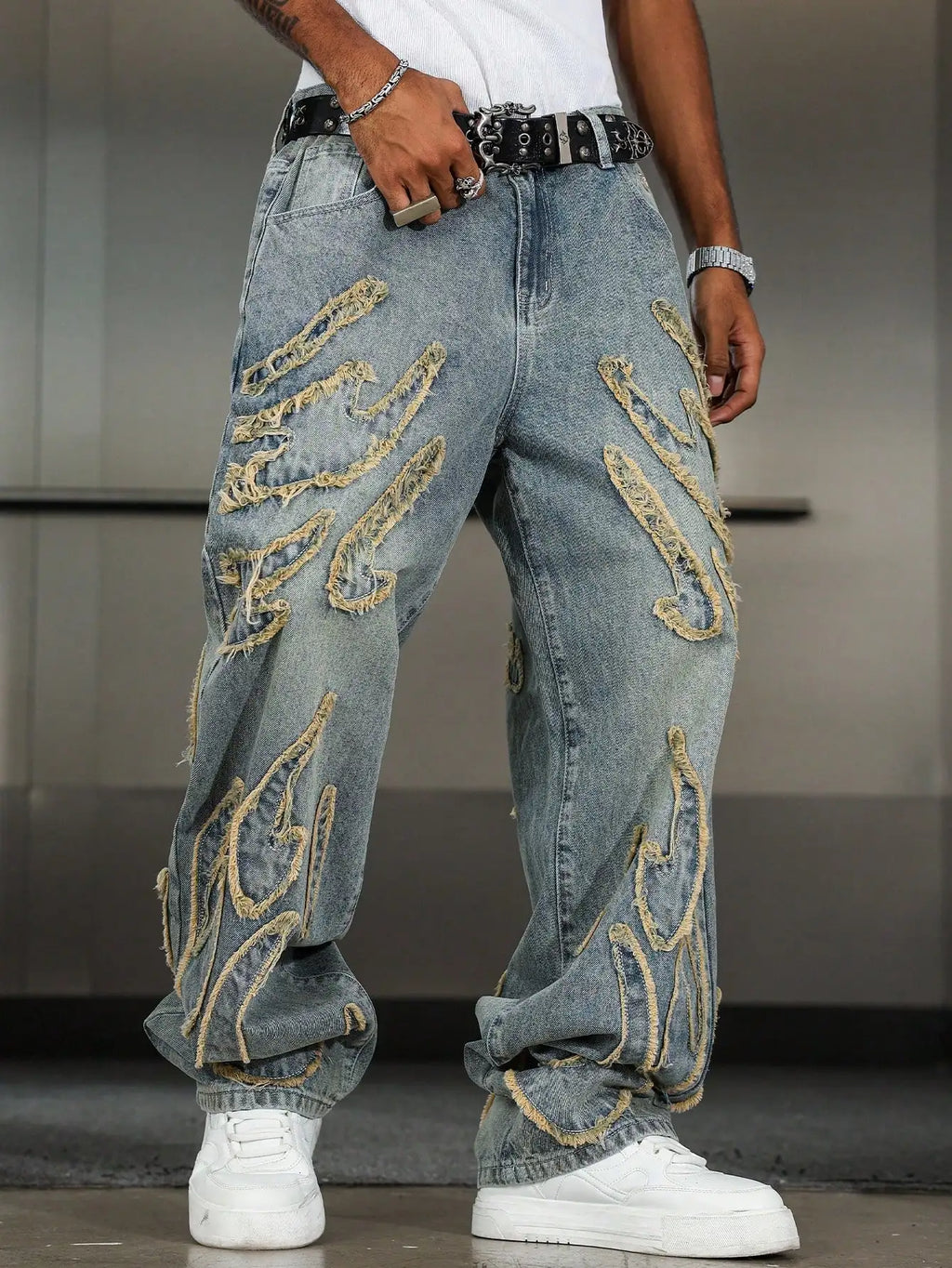 Men's Street Style Casual Patchwork Embroidered Frayed Hem Macau Blue