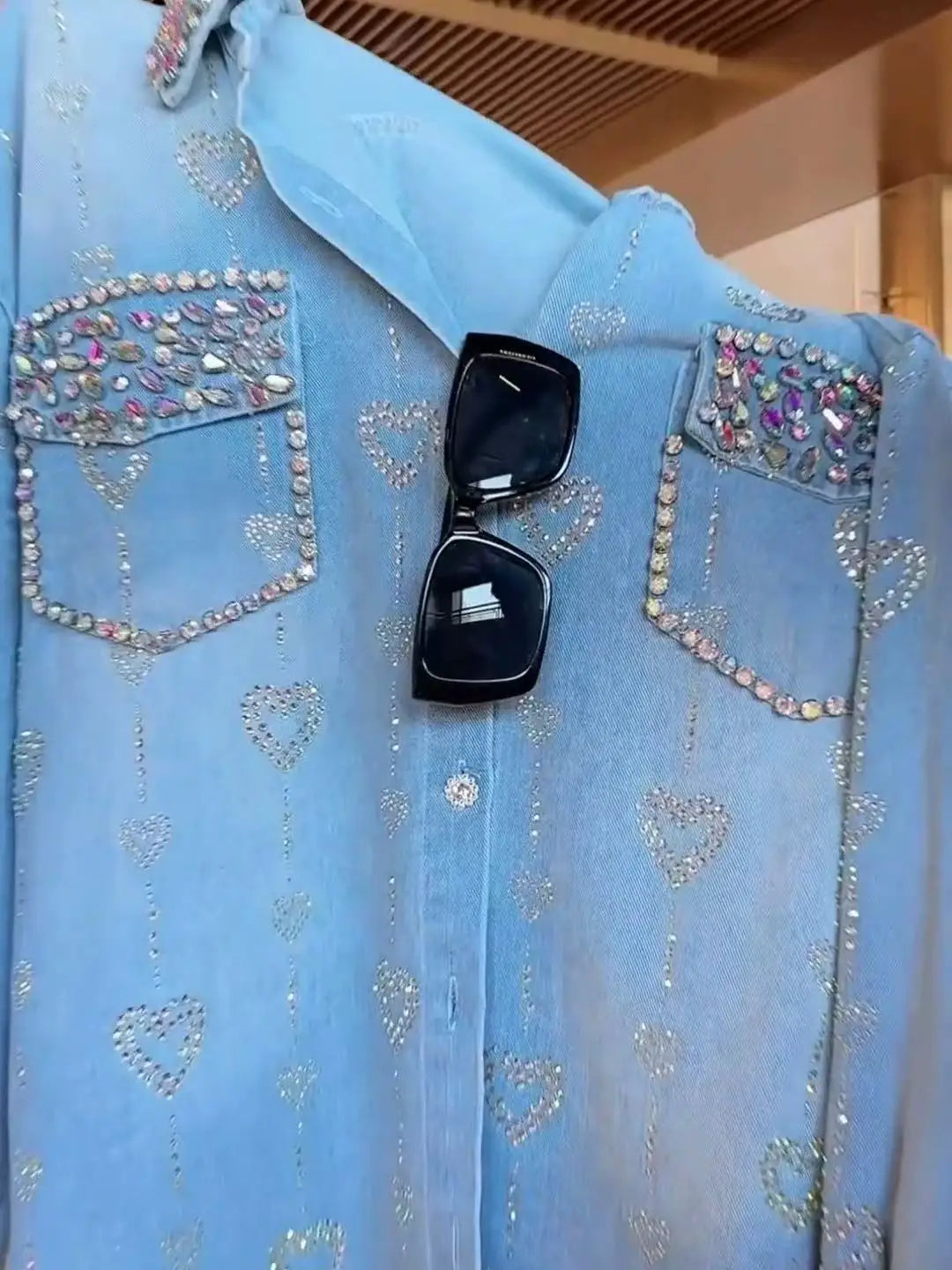 New In 2025 Autumn Trend Fashionable Diamonds Denim Shirts and Blouses