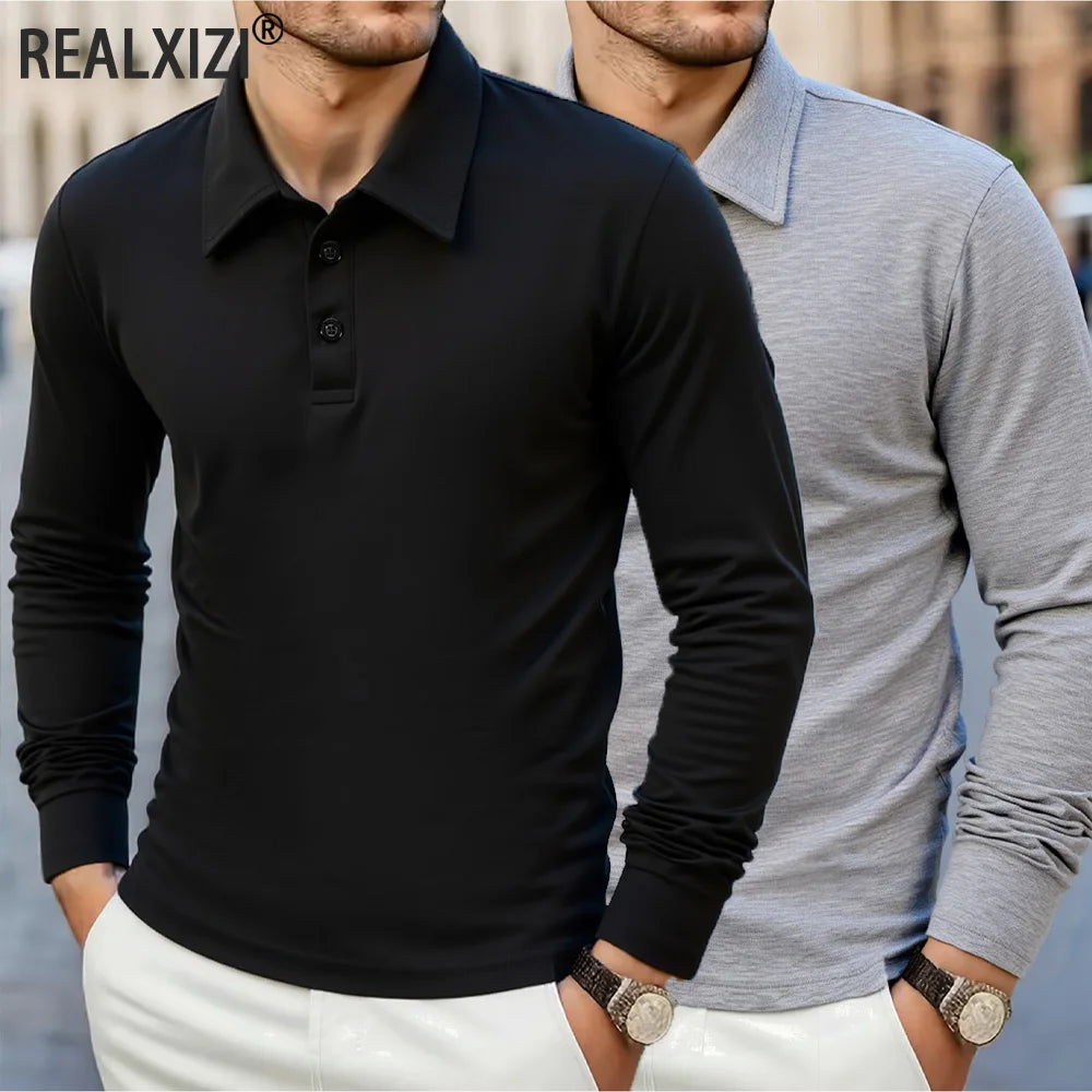 Men's Business Casual Long Sleeve Polo T-shirt Spring Summer Solid