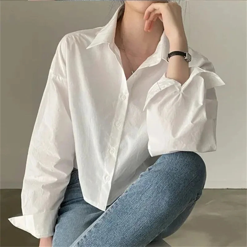 Spring New Casual Long Sleeve Women White Shirt Korea Style Solid