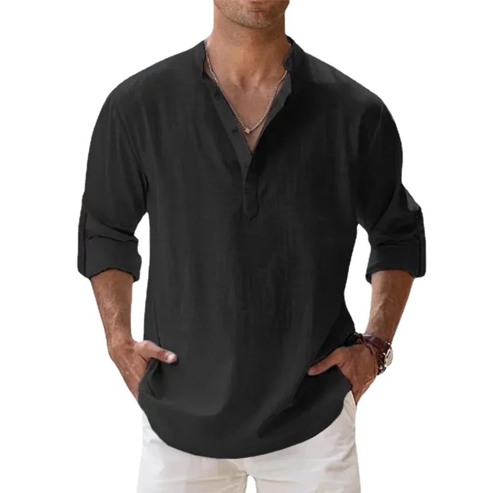 Cotton Linen Hot Sale Men's Short-Sleeved Shirts Summer Solid Color