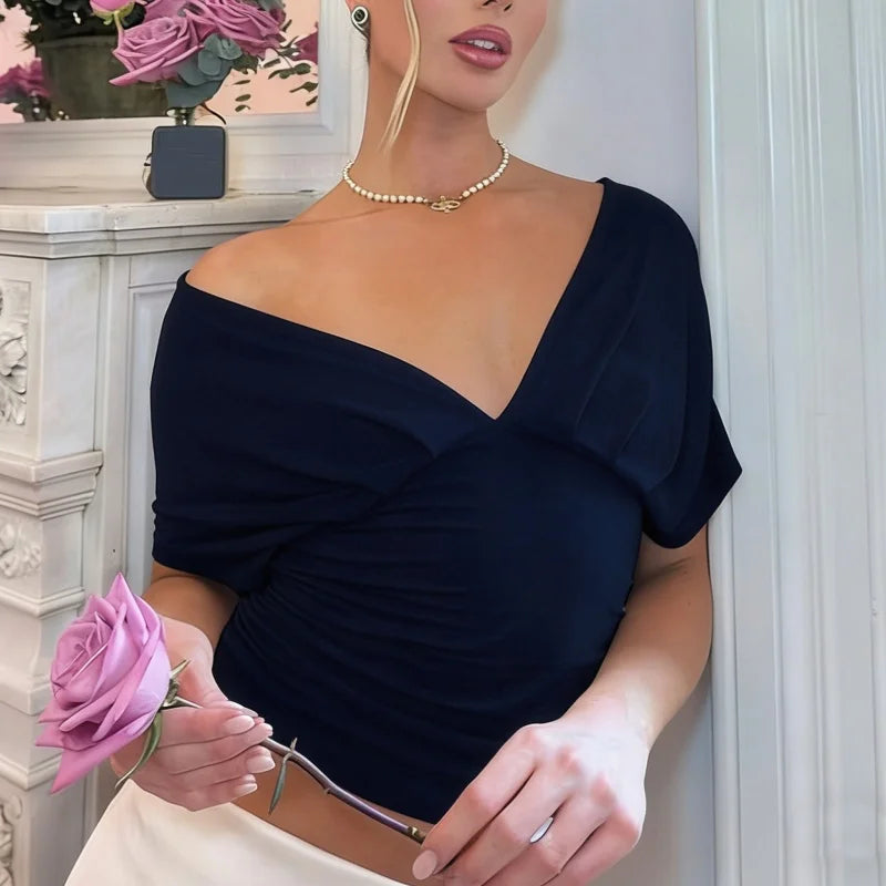 Womens Off The Shoulder Cinched Waist Wrap Top Y2k Ruched Tie Back