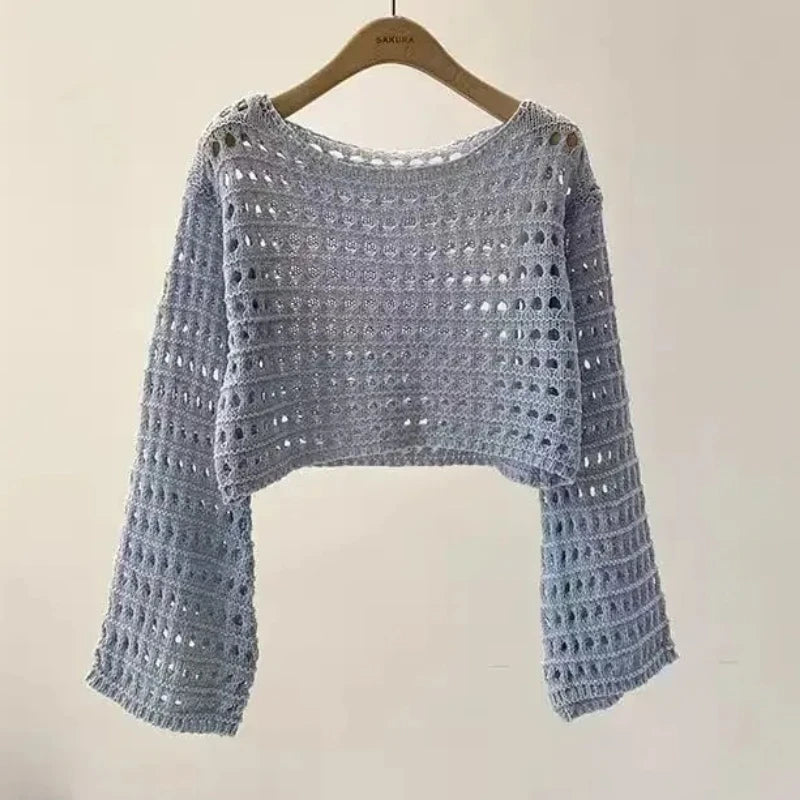 Summer 2026 Beach Bikini Cover Up Crop Pullover Long Sleeve Crochet