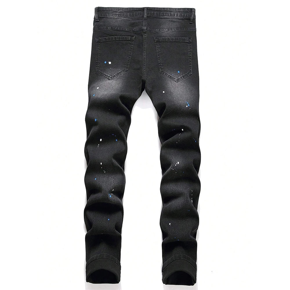 Men's Y2K Fashion Ripped Patchwork Hole Straight Black Jeans Slim Fit
