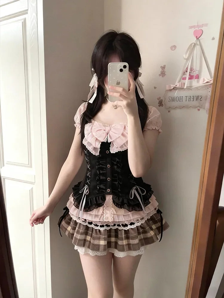 Japanese Sweet Three Piece Set Women Lace Bow Blouse + Cami Top +