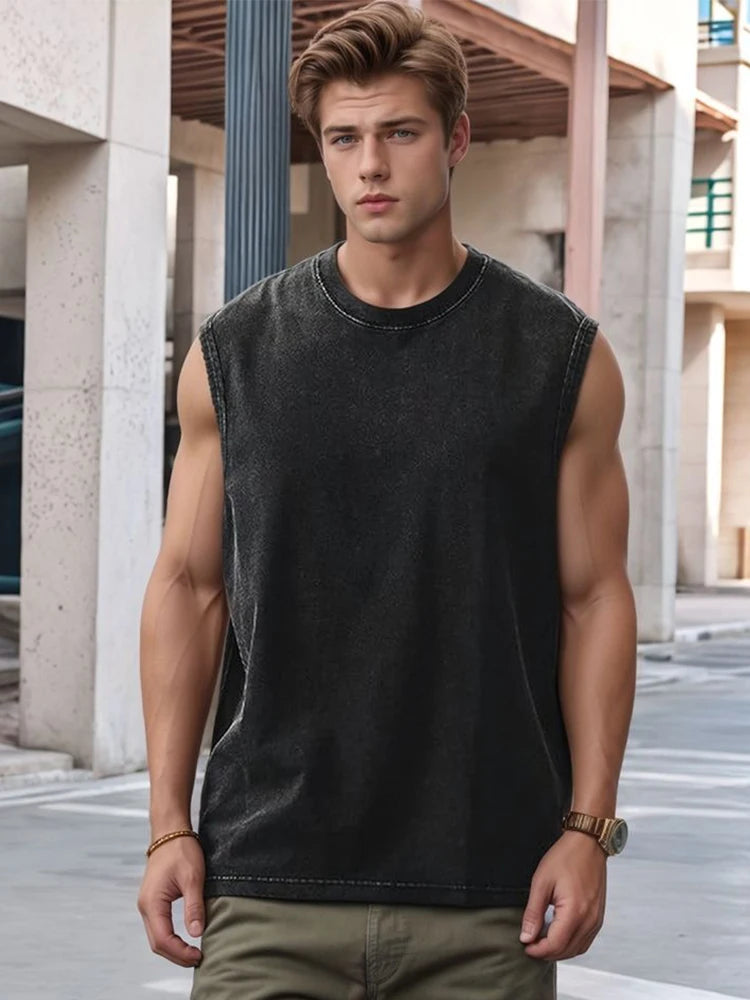 Summer Men's Washed Cotton Tank Tops Muscle Gym Sleeveless Workout T