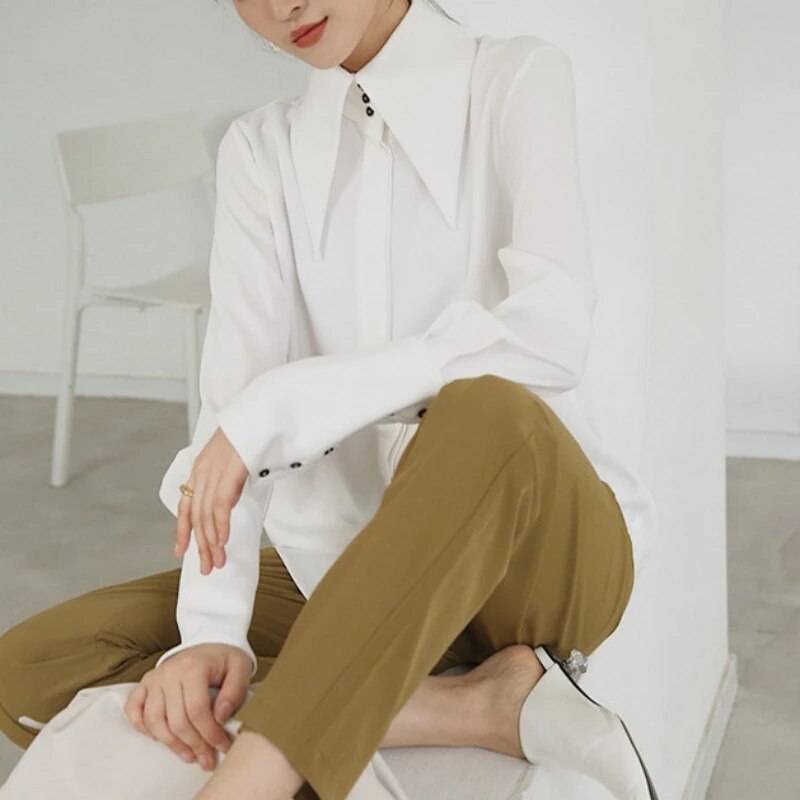 Stylish Elegant Turn Down Collar White Long Sleeve Satin Shirts