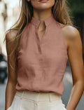 Women Sleeveless Halter Neck Button Down Blouse Linen Blend Stand