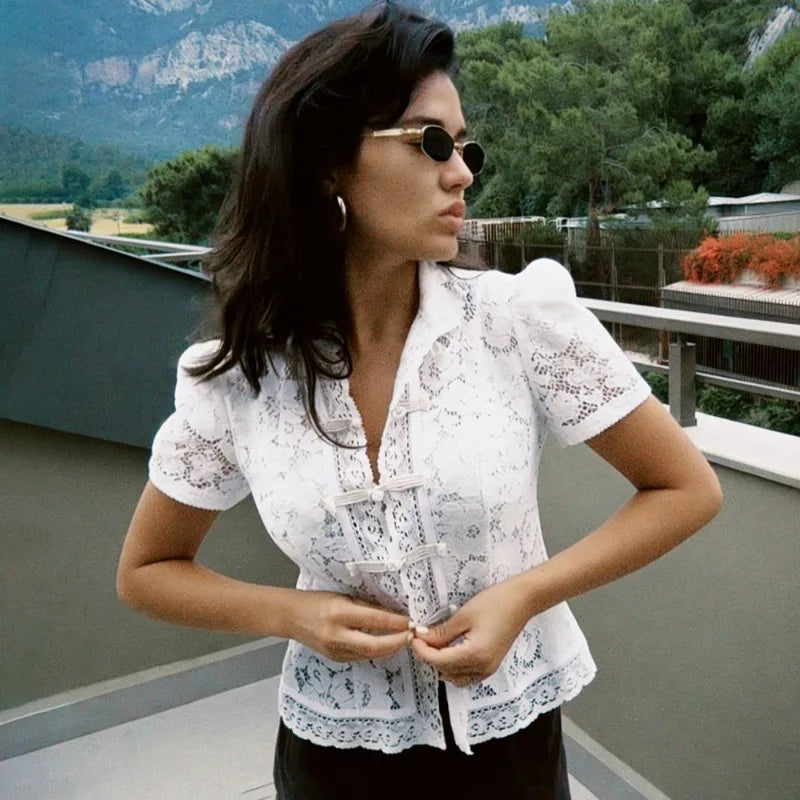 Tuularose Elegant Lace Blouse Women's Summer New Lace Patchwork Slim