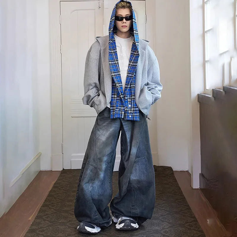 2 Piece Korean Retro Men'S Jeans Spring And Autumn Styles Loose Wide