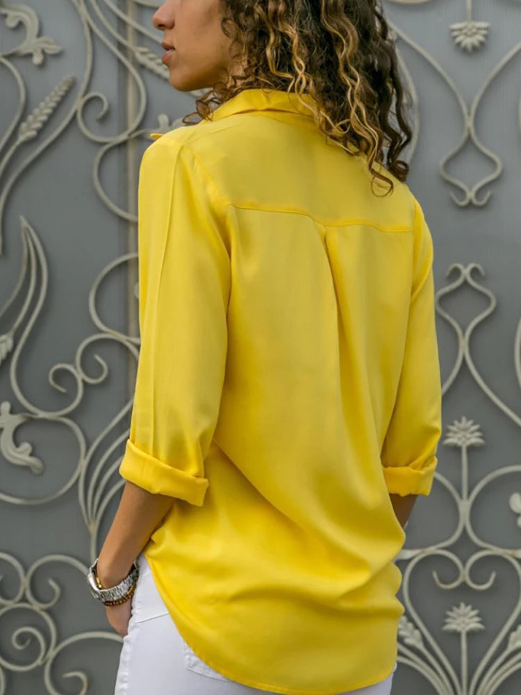 Women Elegant Solid Chiffon Blouse Spring Summer Casual Long Sleeve V