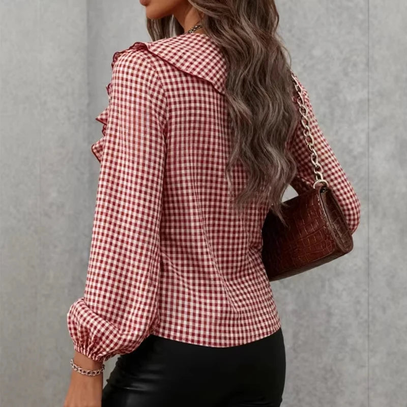 TFMLN Spring Women Long Sleeve Shirts New Vintage Elegant Plaid V
