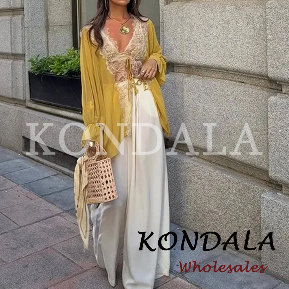 KONDALA Chic Summer Casual Women Lace-up 2026 Loose Patchwork Yellow
