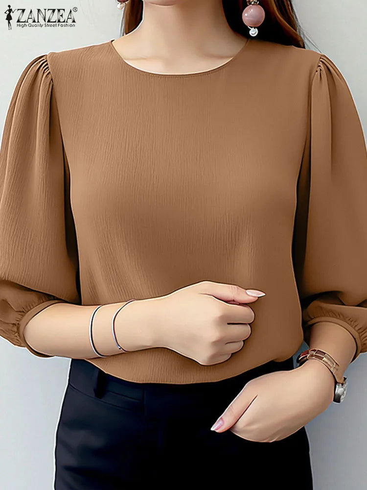 ZANZEA Elegant Women Puff Sleeve Blouses 2025 Summer 3/4 Sleeve O Neck