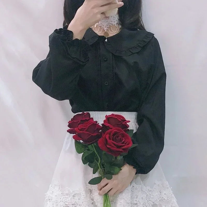 White Shirt Women Kawaii Peter Pan Collar Blouses Button Up Long