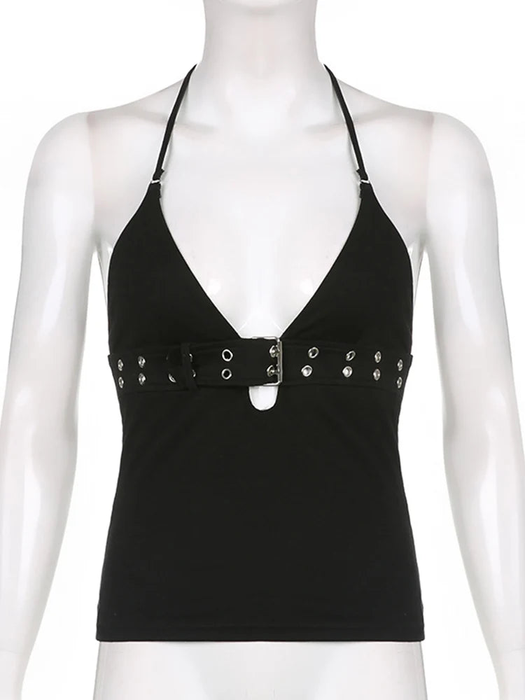 y2k Bandage Crop Top Black Backless  Top Lace Up Cute Party Beach