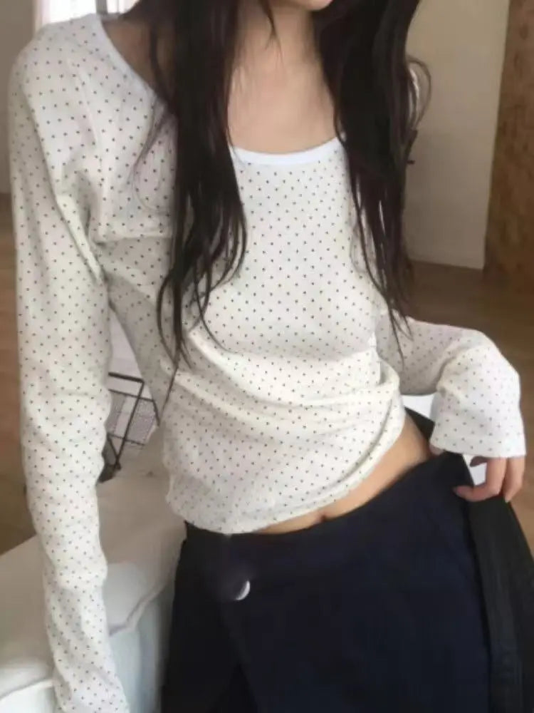 Deeptown Korean Style Polka Dot T-shirts Women Sweet Cute Long Sleeve
