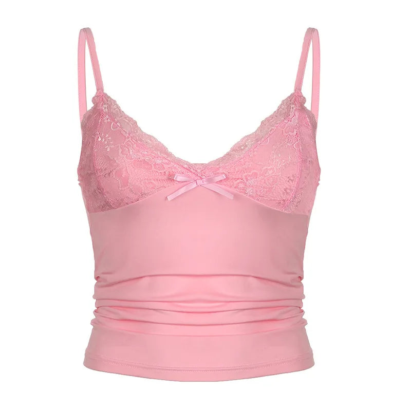 Spicy Girl Lace Bow Front Crop Cami Top Women 2026 Summer Y2K V-Neck