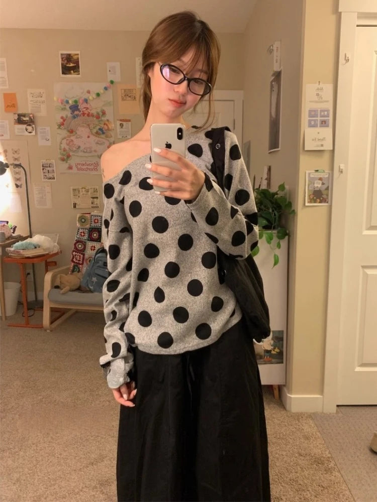 Deeptown Women Polka Dot Gray T-shirts Korean Style Off Shoulder