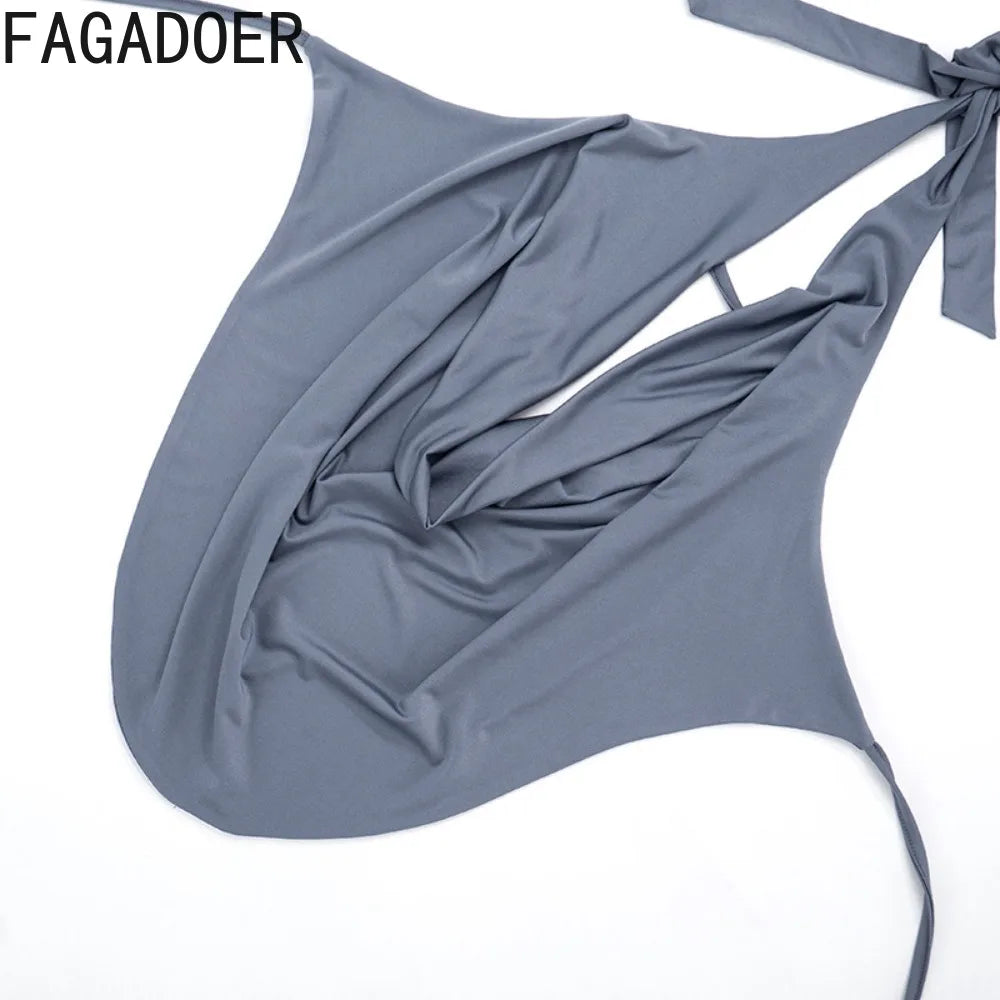 FAGADOER Sexy Solid Color 2 Pieces Set for Woman Halter Sleeveless