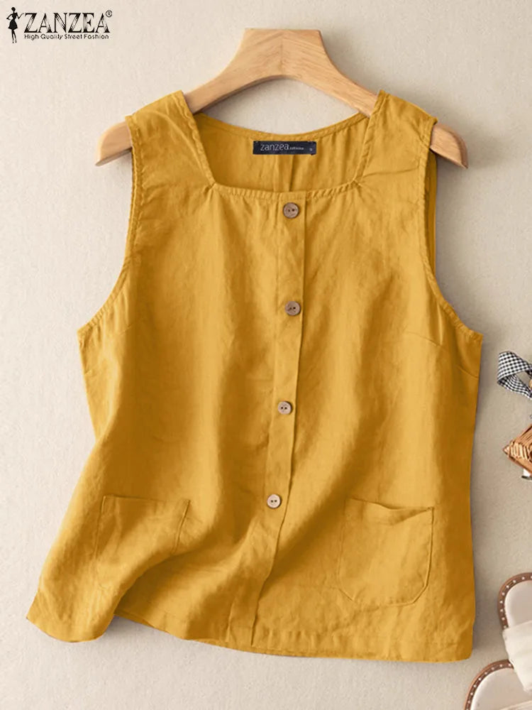 2024 ZANZEA Fashion Sleeveless Tanks Tops Women Square Neck Cotton